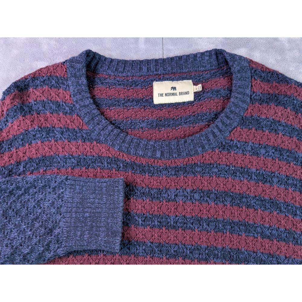 The Normal Brand Mens XL Cotton Textured Striped Crewneck Sweater Navy Burgundy